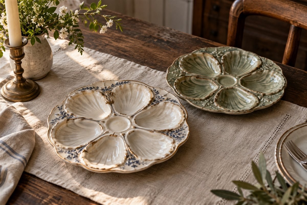 Deux plats à huîtres en porcelaine et faïence aux alvéoles en forme de coquille