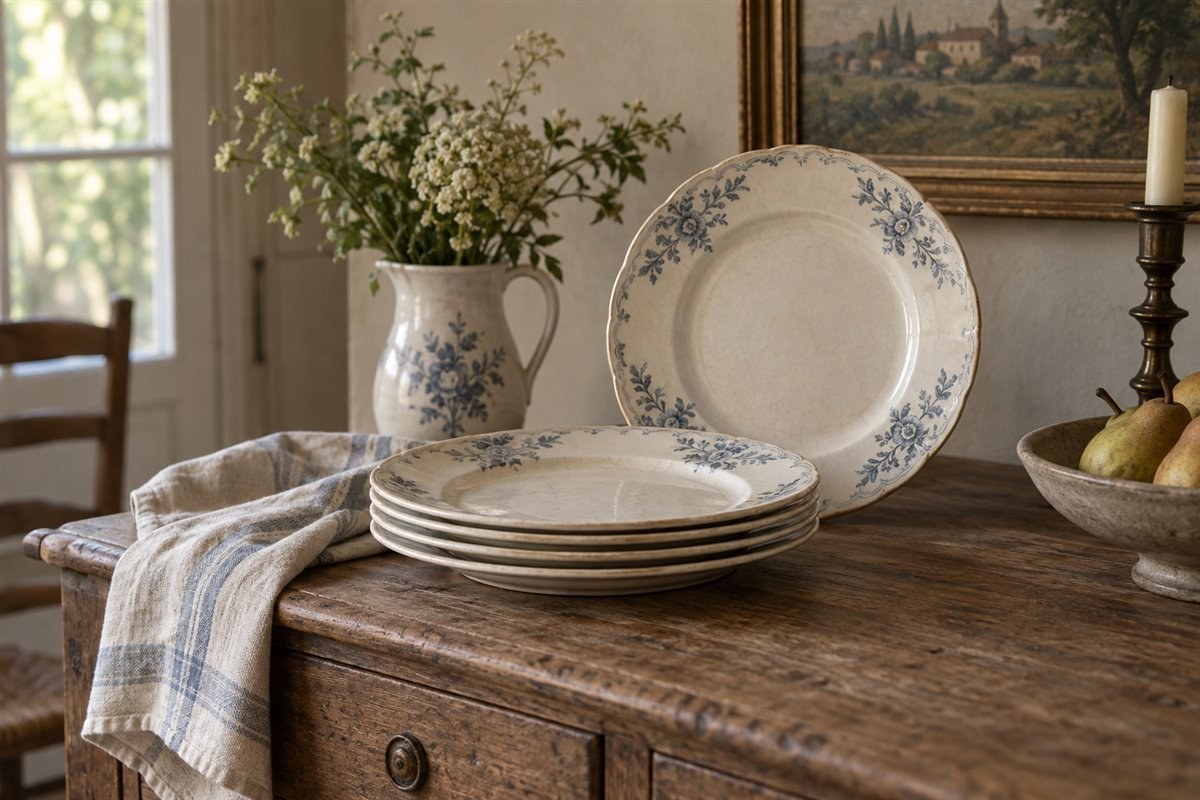 Pile d'assiettes anciennes en faïence à motifs floraux bleus sur table en bois
